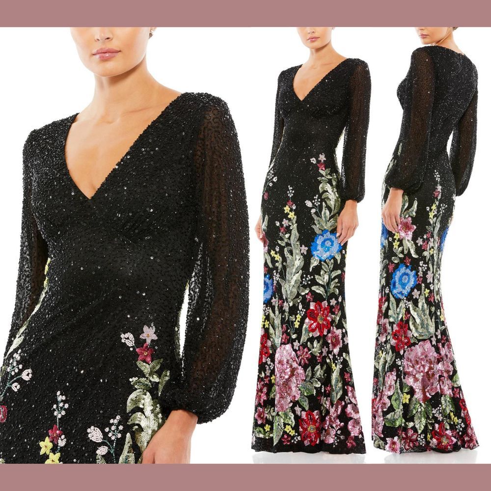NWT $798 Mac Duggal [ 8 ] Floral Skirt Long Sleeve Gown Black Multicolor #S1096‎